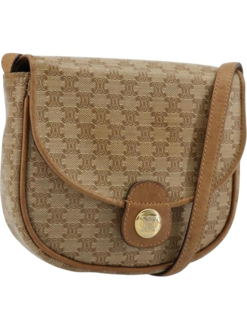 CELINE Macadam Canvas Shoulder Bag PVC Leather Beige Gold
